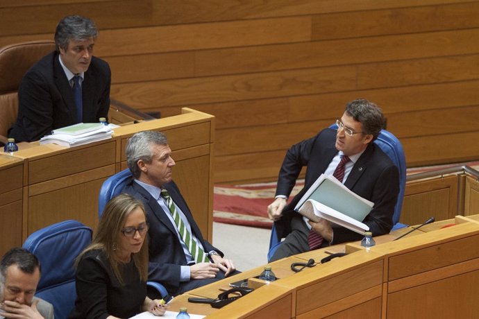Feijóo, Alfonso Rueda y Elena Muñoz en el pleno del Parlamento