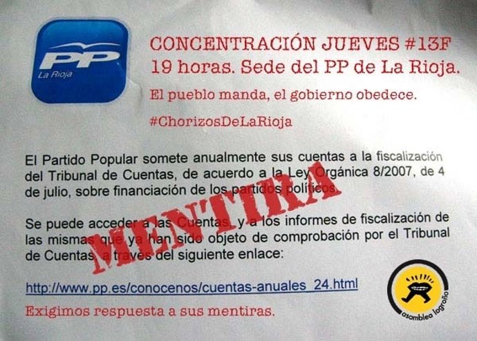 Cartel concentración frente a la sede del PP