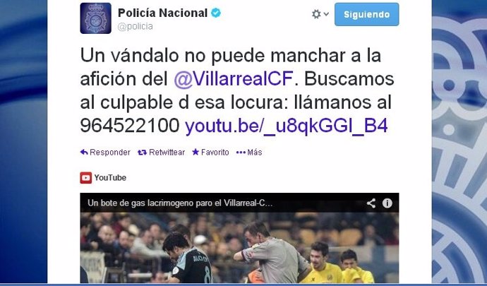 Mensaje de la Policía en Twitter sobre bote lanzado en El Madrigal.