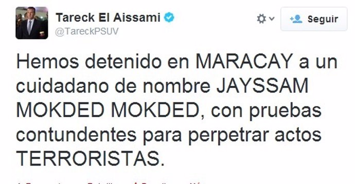 Tuit del gobernador de Aragua