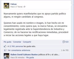 Falcao ha  aclarado que no apoya a ningún  partido político. 