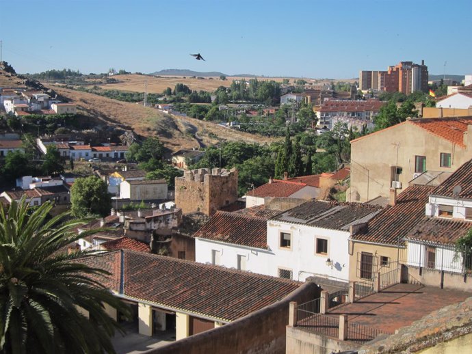 Vista General De Cáceres Con Un Pájaro Sobrevolando La Ciudad