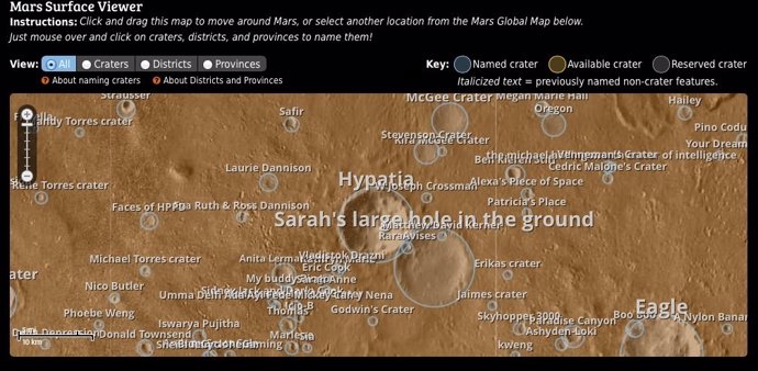 Mapa de cráteres de Marte con nuevo nombre