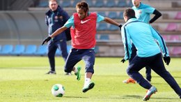 Neymar y Afellay en el entrenamiento del FC Barcelona