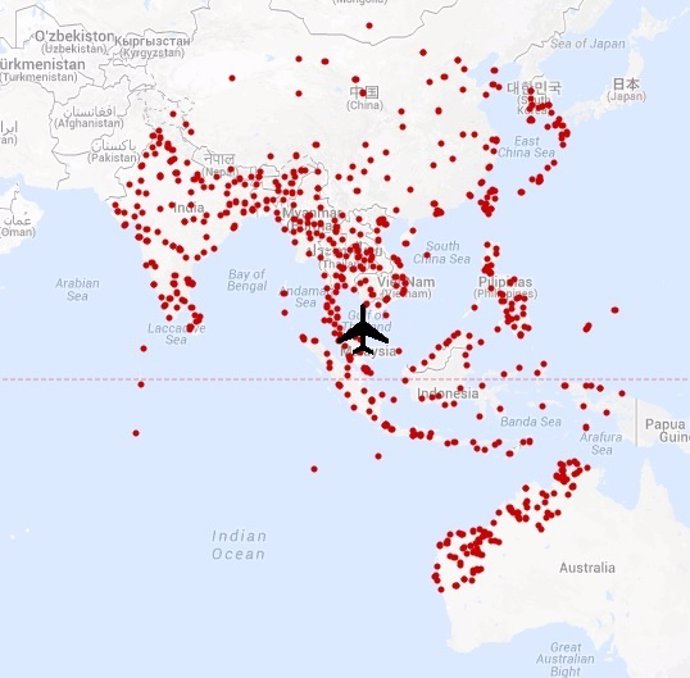 Mapa con los posibles lugares donde pudo aterrizar el avión de Malasia