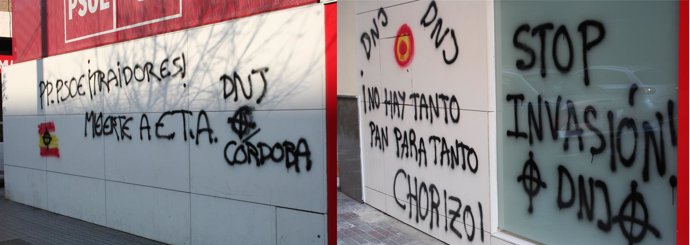 Las pintadas aparecidas en ambas fachadas de la sede del PSOE