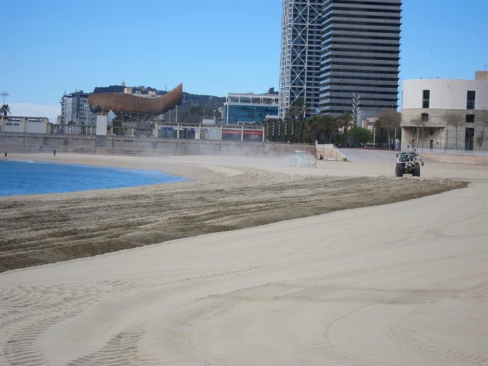 Trabajos de labrado en playas de Barcelona