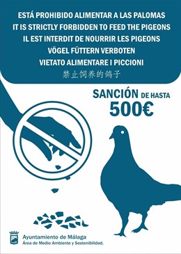 Cartel sobre la prohibición de alimentar a palomas en Málaga.