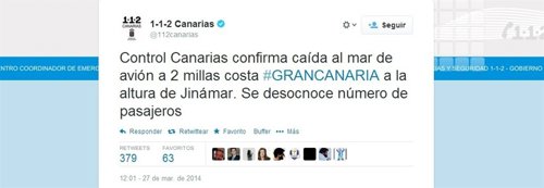 Cuenta de Twitter verificada de 112 Canarias informando de un accidente de avión
