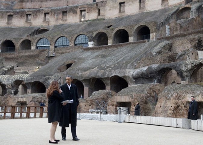 US President Barack Obama tours the Colosseum with guide Barbara Nazzaro, techni