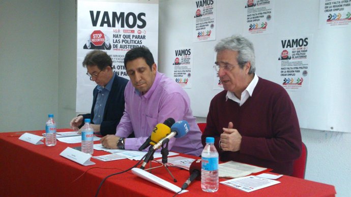 Cedrún (CCOO), Blanco (USO) y Martínez (UGT) convocatoria manifestación