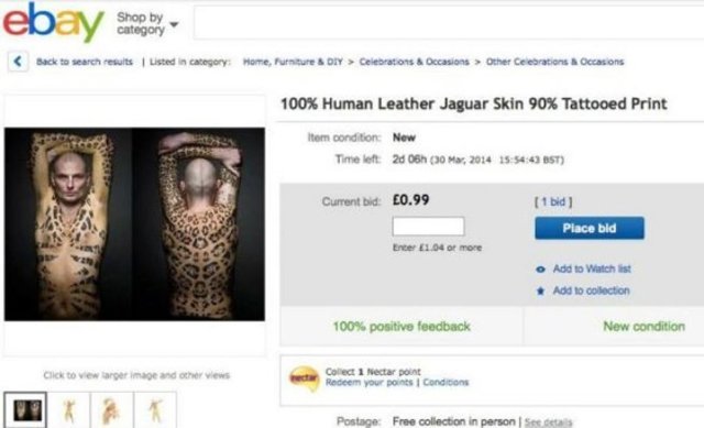 Captura de ebay de la subasta de Artur Mrozowski tatuado de jaguar