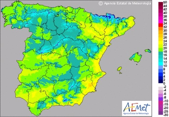 Mapa con las máximas en España este sábado 5 de abril