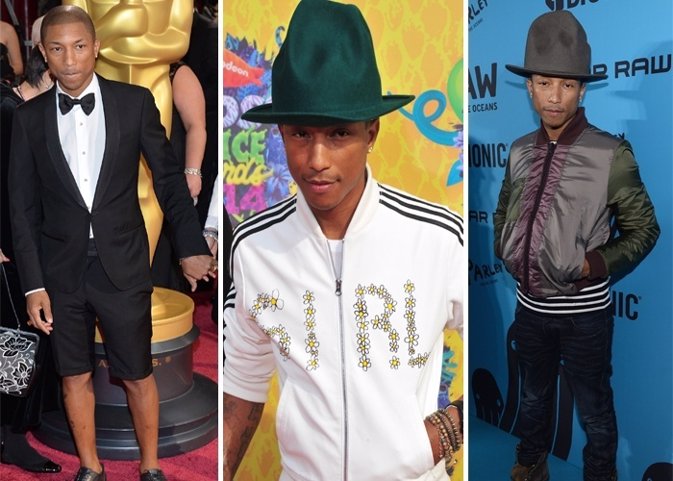 El arriesgado estilismo de Pharrel Williams: chaquetas bomber y su sombrero