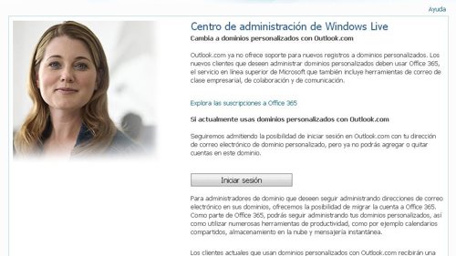 Mensaje en el centro de administración de Windows Live 