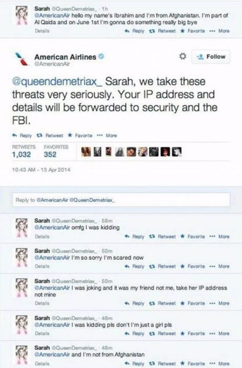 Intercambio de Tweets entre Sarah y American Airlines 
