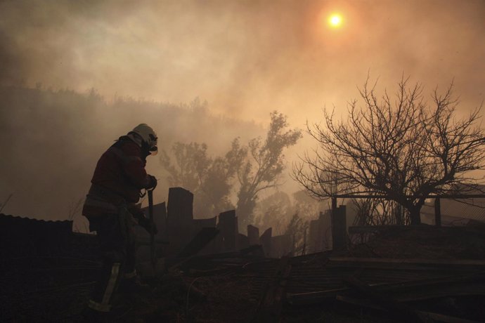 A firefighter removes the remains of a house at the location where a forest fire
