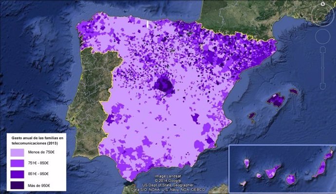 Mapa con el gasto de las familias españolas en telecomunicaciones