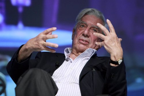 Peruvian Nobel Laureate Vargas Llosa speaks during a conference at the HAY festi