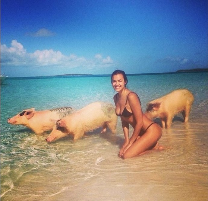 Irina Shayk se baña con tres cerditos en Bahamas
