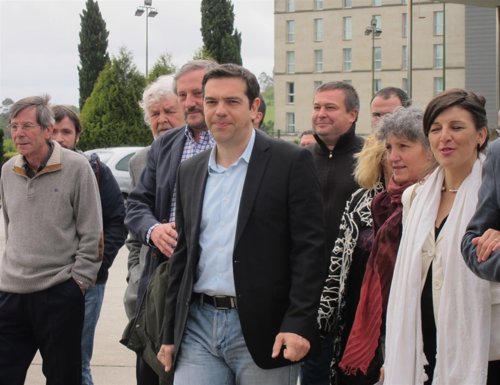 Beiras, Meyer, Tsipras, Senra y Díaz antes del acto