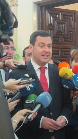 El presidente del PP-A, Juan Manuel Moreno, en Huelva. 