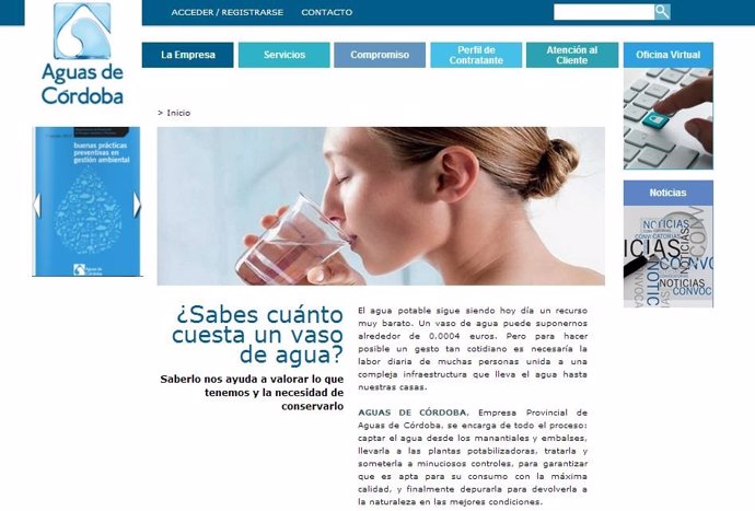 Página de inicio de la web de Aguas de Córdoba