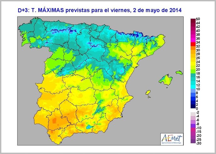 Temperaturas previstas por la AEMET el 2 de mayo