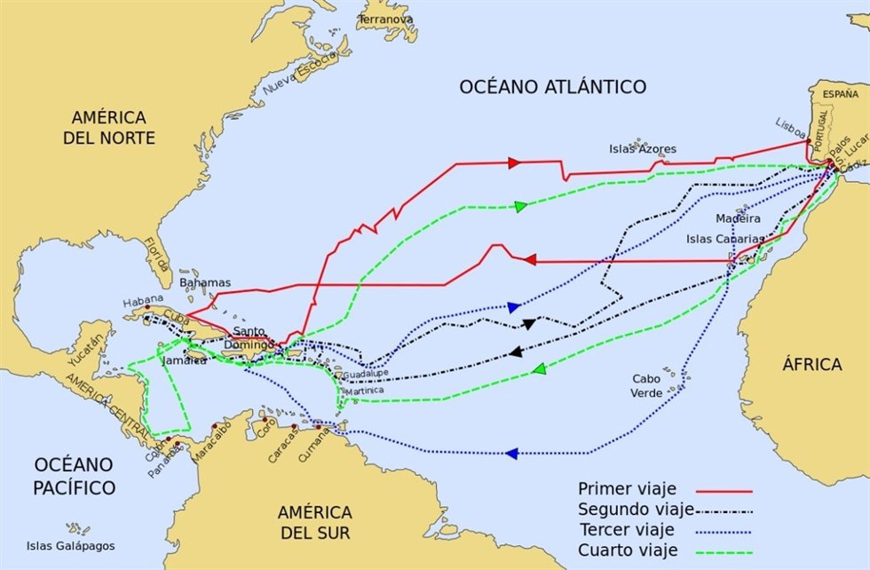 Mapa de los viajes de Cristóbal Colón 
