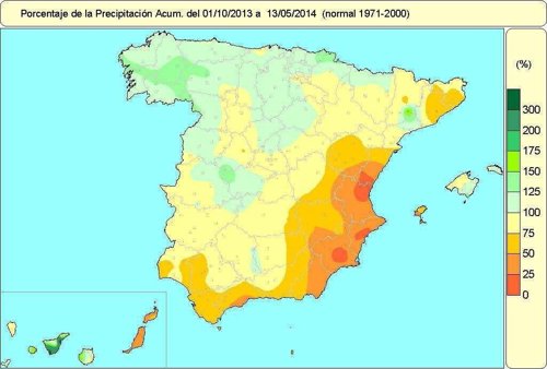 Distribución de las lluvias en España desde el 1-10-2013 al 13 de mayo de 2014 