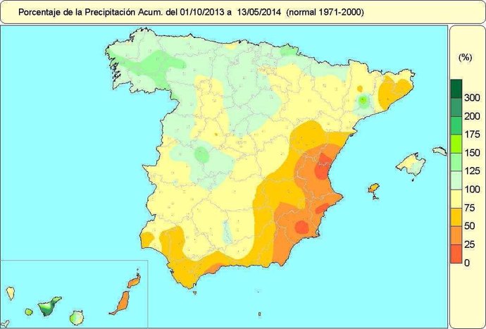 Distribución de las lluvias en España desde el 1-10-2013 al 13 de mayo de 2014 