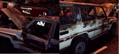 Vehículo incendiado del MTT en Venezuela