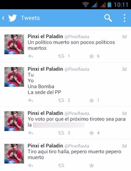 Tuits del imputado en León por sus comentarios en la red social