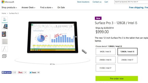 Surface Pro 3 en la web de Microsoft