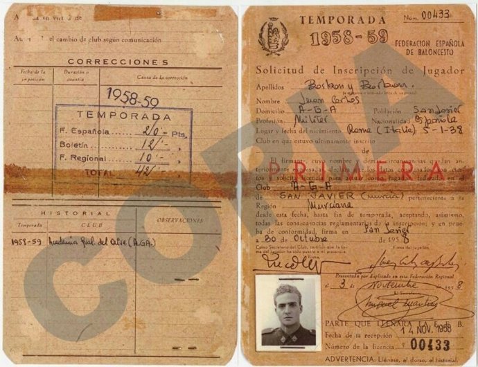 Licencia del Rey Juan Carlos como jugador de baloncesto en San Javier