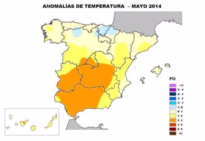Mapa de las anomalías de temperaturas en mayo de 2014