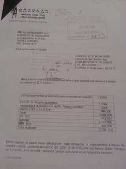 Factura del pago de la defensa de un edil de Monforte