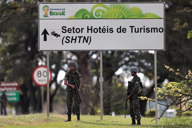 Brazilian army soldiers stand during a security plan drill for the upcoming Worl