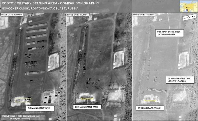 Presuntos carros de combate rusos estacionados en Rostov del Don
