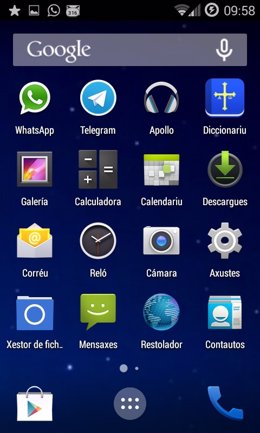 Captura de pantala del nuevu Android n'asturianu. 