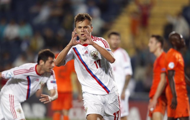 Cheryshev of Russia celebrates his goal against the Netherlands during their UEF