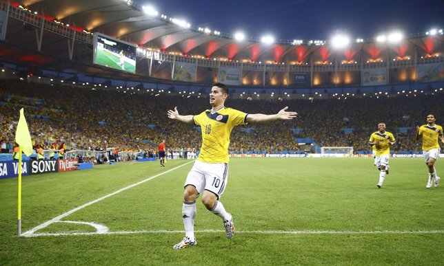 Colombia's Rodriguez celebrates his goal against Uruguay  during their 2014 Worl