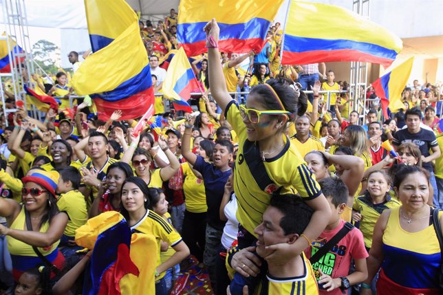 Colombia fans watch a broadcast of the 2014 World Cup round of 16 game between C
