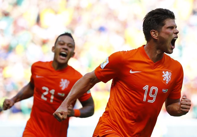 Klaas-Jan Huntelaar of the Netherlands celebrates after scoring a goal during th