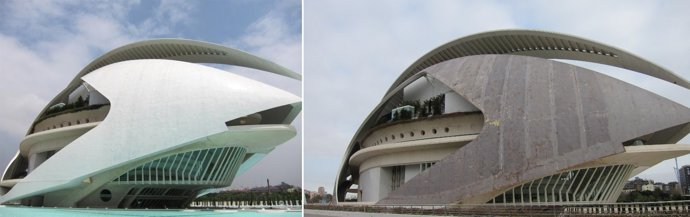 Palau de Les Arts con el recubrimiento original de trencadís y sin ese material.