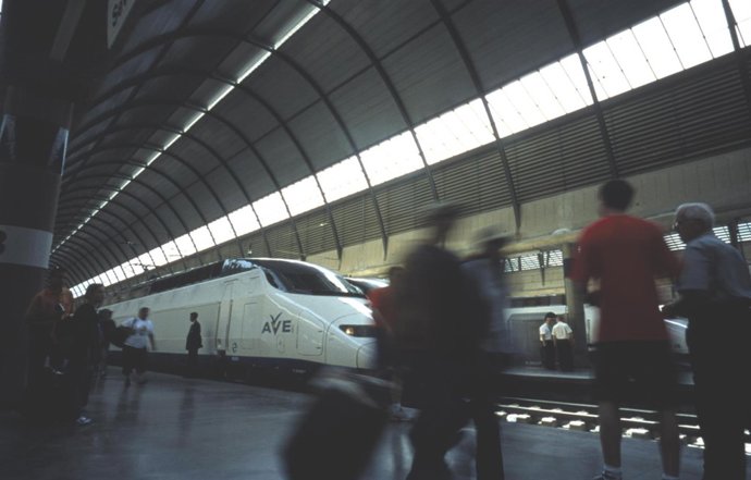 Viajeros turistas AVE tren ferrocarril estación maletas 