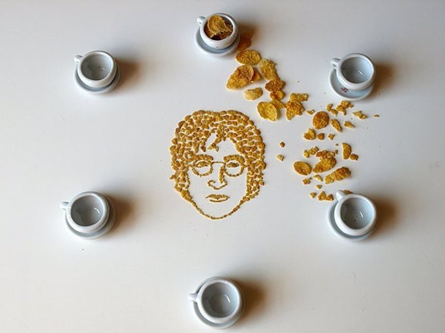 Los retratos están elaborados con cereales y acompañados con tazas