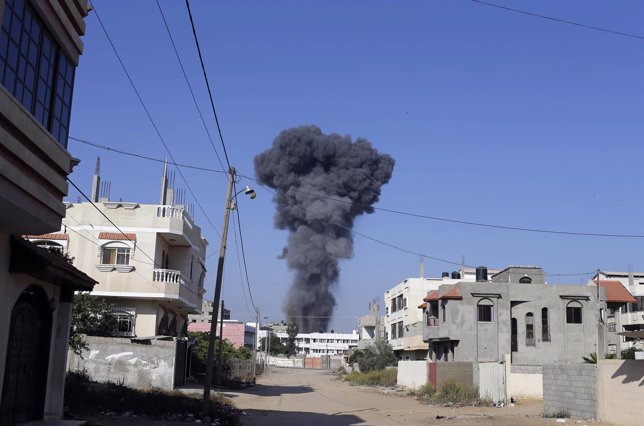 Smoke is seen following what police said was an Israeli air strike in Rafah in G