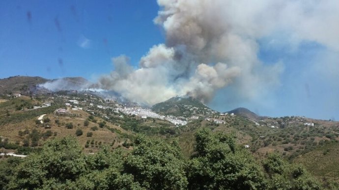 Incendio forestal declarado en la Sierra de Tejeda, en Cómpeta (Málaga)