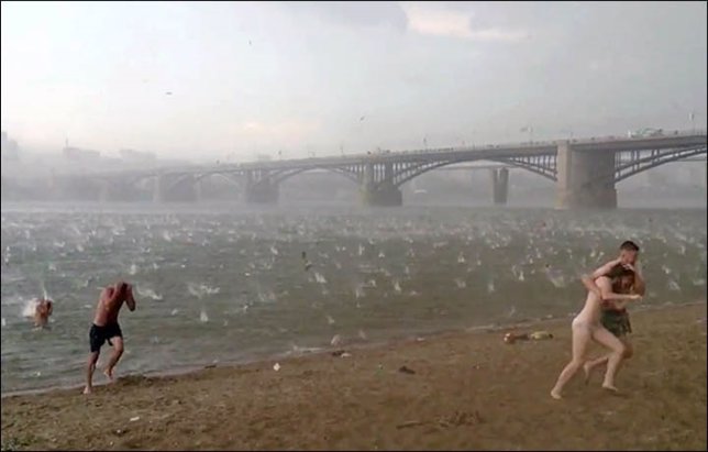 Repentina granizada caía en Siberia asustando a los bañistas